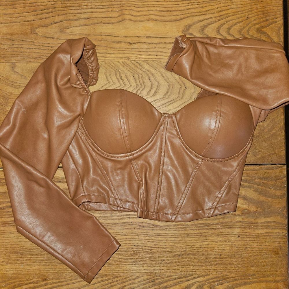 Bloshe Brown Faux Leather Corset Top Long Sleeve Bustier Sweetheart Neck Small